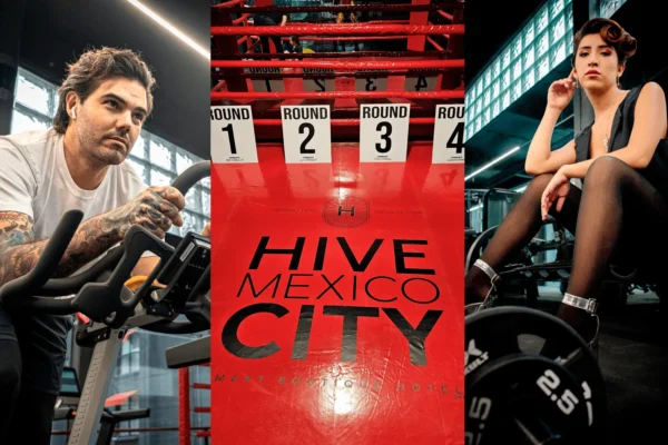 Banner promocional de las amenidades del gimnasio en Hive CDMX, mostrando máquinas de cardio y un ring de box en un ambiente moderno y exclusivo.